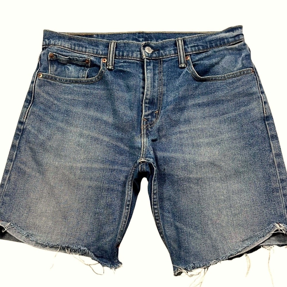 Levis 502 Mens Shorts Size 32 Blue Denim Cutoff Jean Raw Hem Faded Distressed